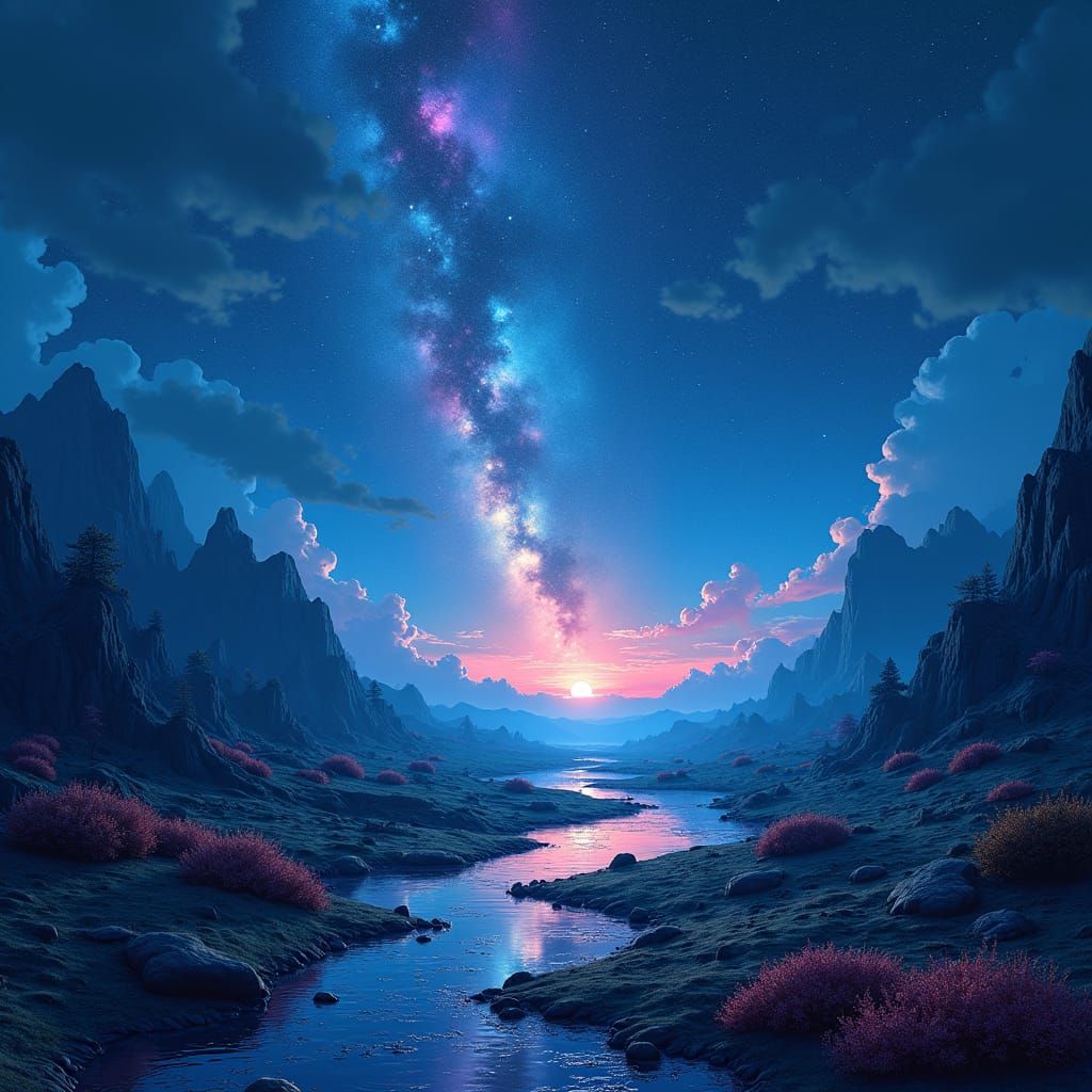 Mystical Starry Night Landscape in Ethereal Blue