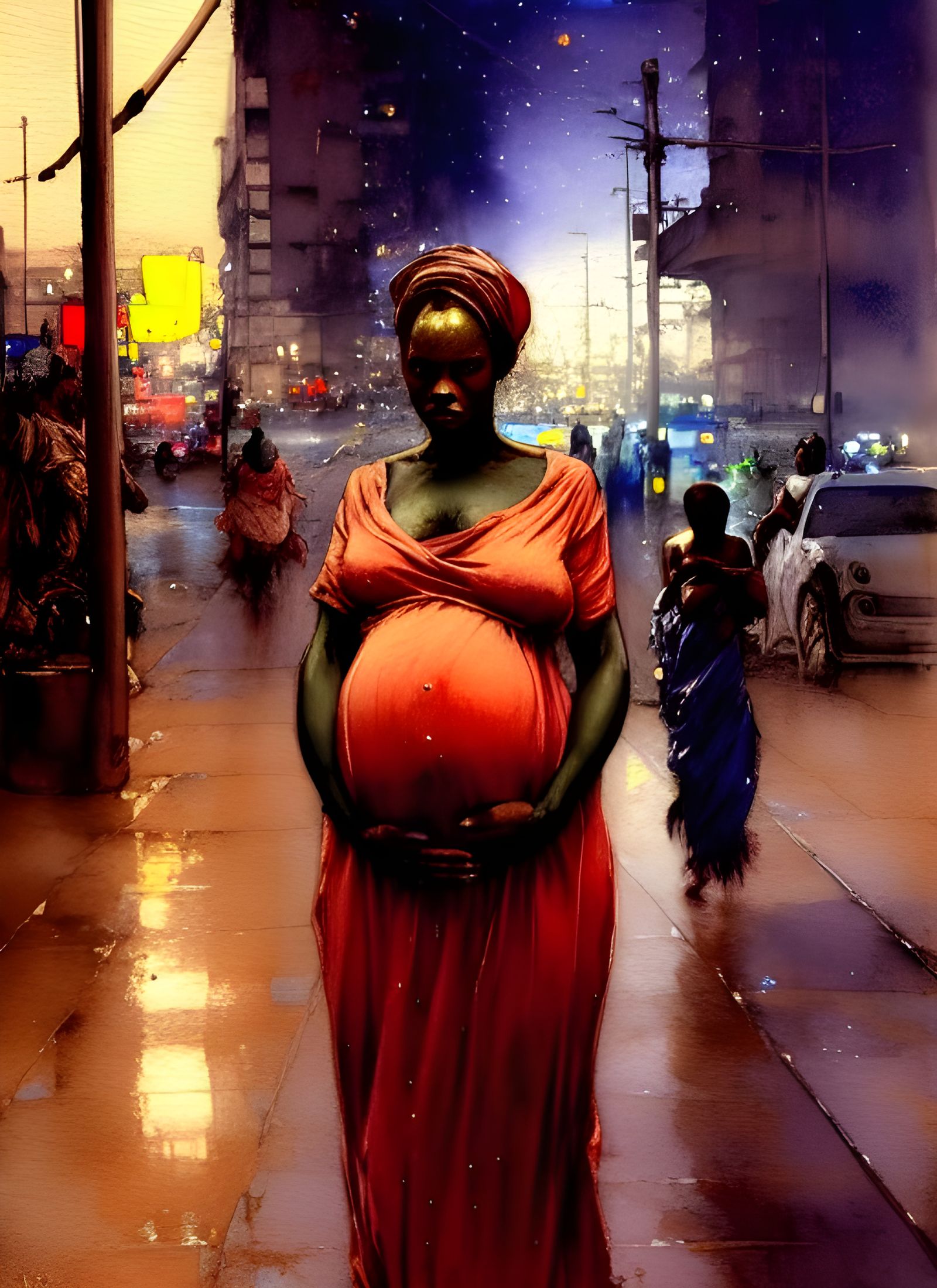 Pregnant African Woman in Urban Dystopia: Gouache Painting