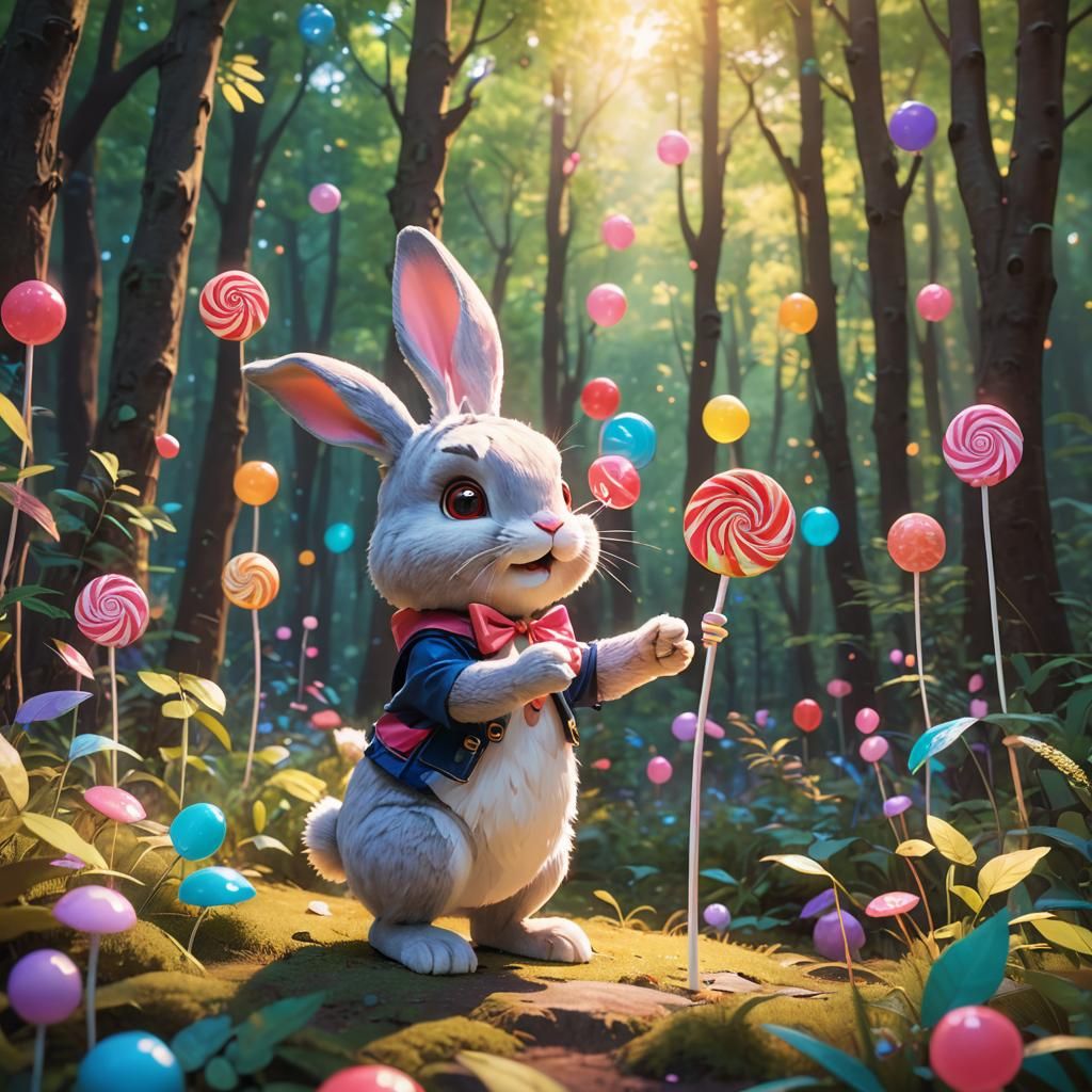 Rabbit with Lollipop in Vibrant Anime Style