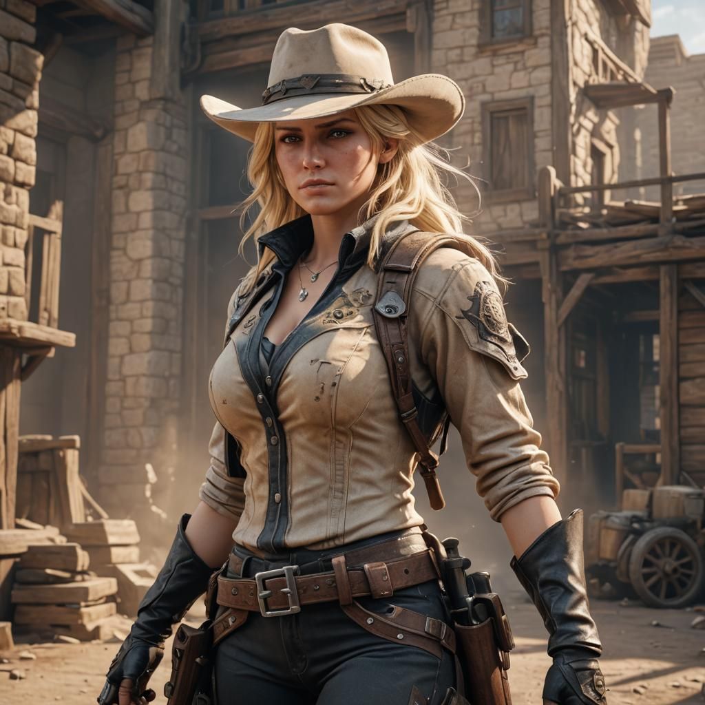 Blonde Gunslinger in 3D Game Cinematic Style