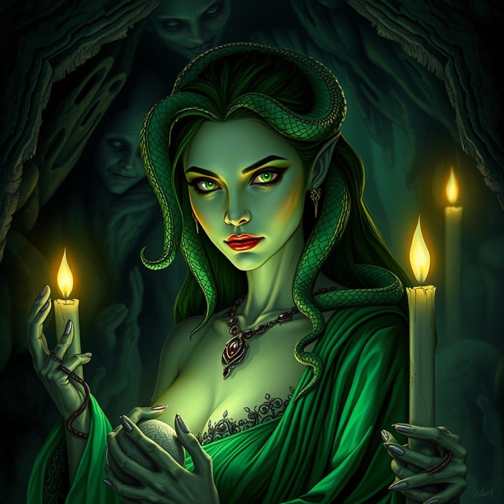 Mystical Snake-Haired Woman in Gothic Cave