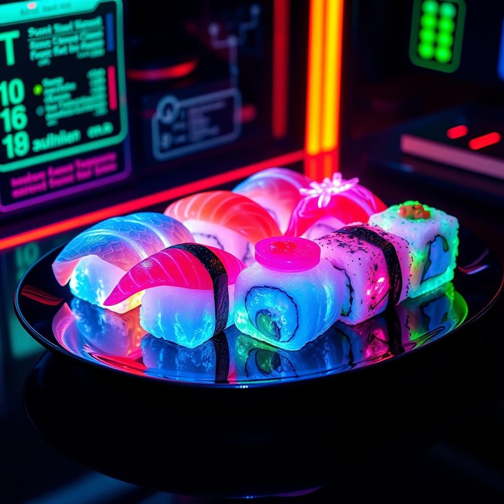 Holographic Fluorescent Sushi in Futuristic Setting