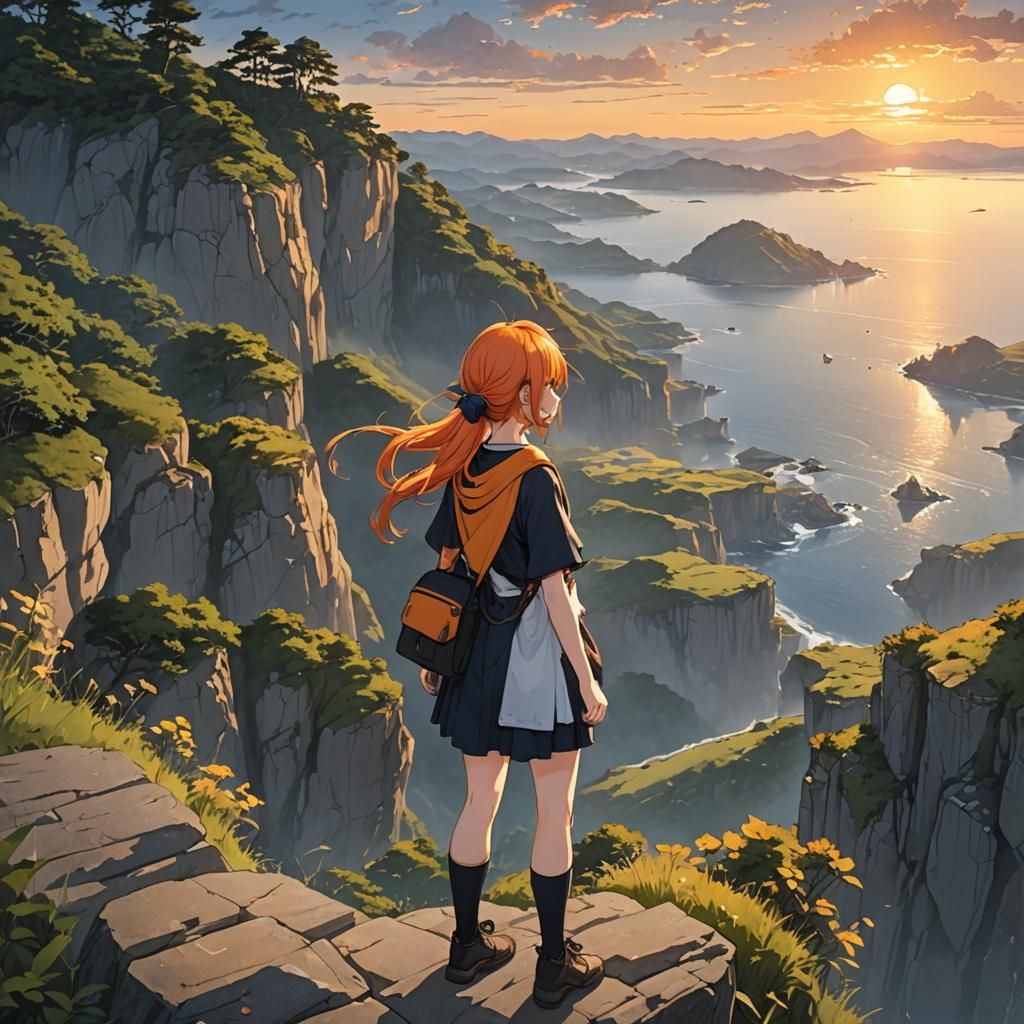 Anime Girl with Orange Hair at Sunset