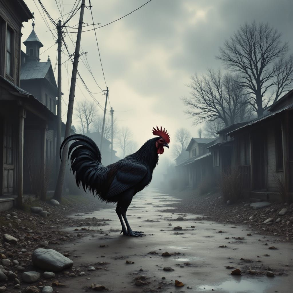 Dejected Rooster in Misty Farmyard at Dawn