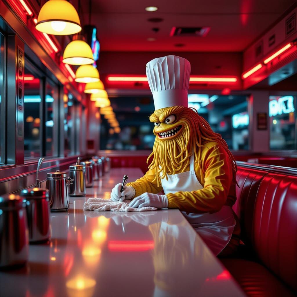 Spaghetti Chef in Neon 1950s Diner