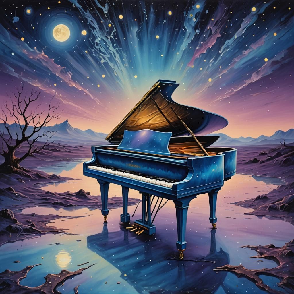 Blue Piano Under Starry Night Sky: Surreal Oil Painting