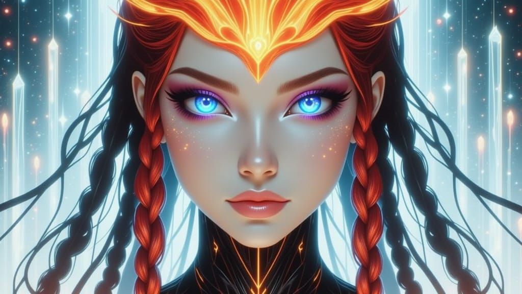 Woman with pale skin with light purple and red sheen, silver...