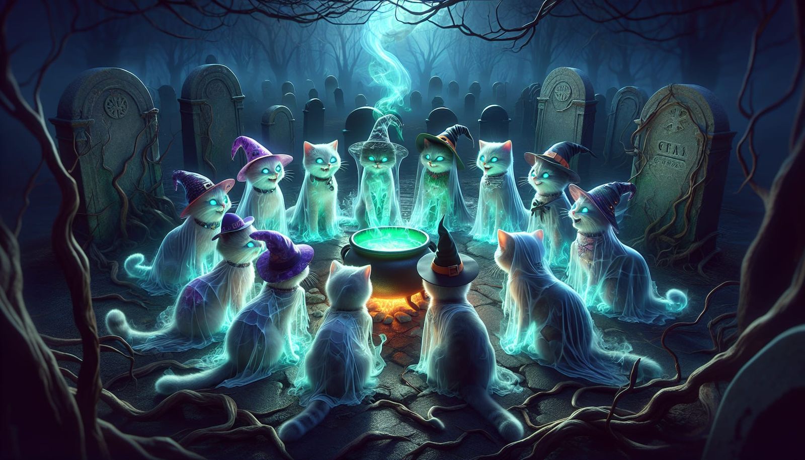 Spectral Cats in Haunted Graveyard with Cauldron