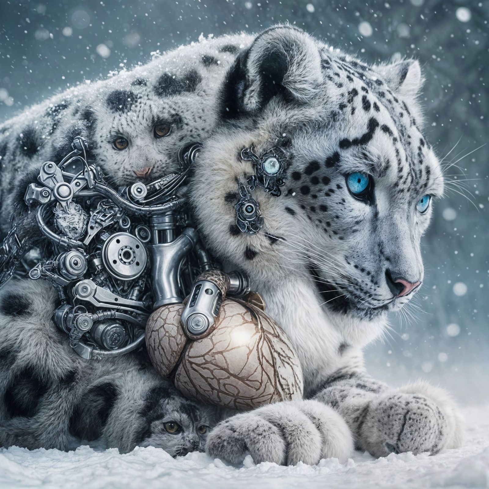 Snow Leopard Cyborg Holding Mechanical Heart