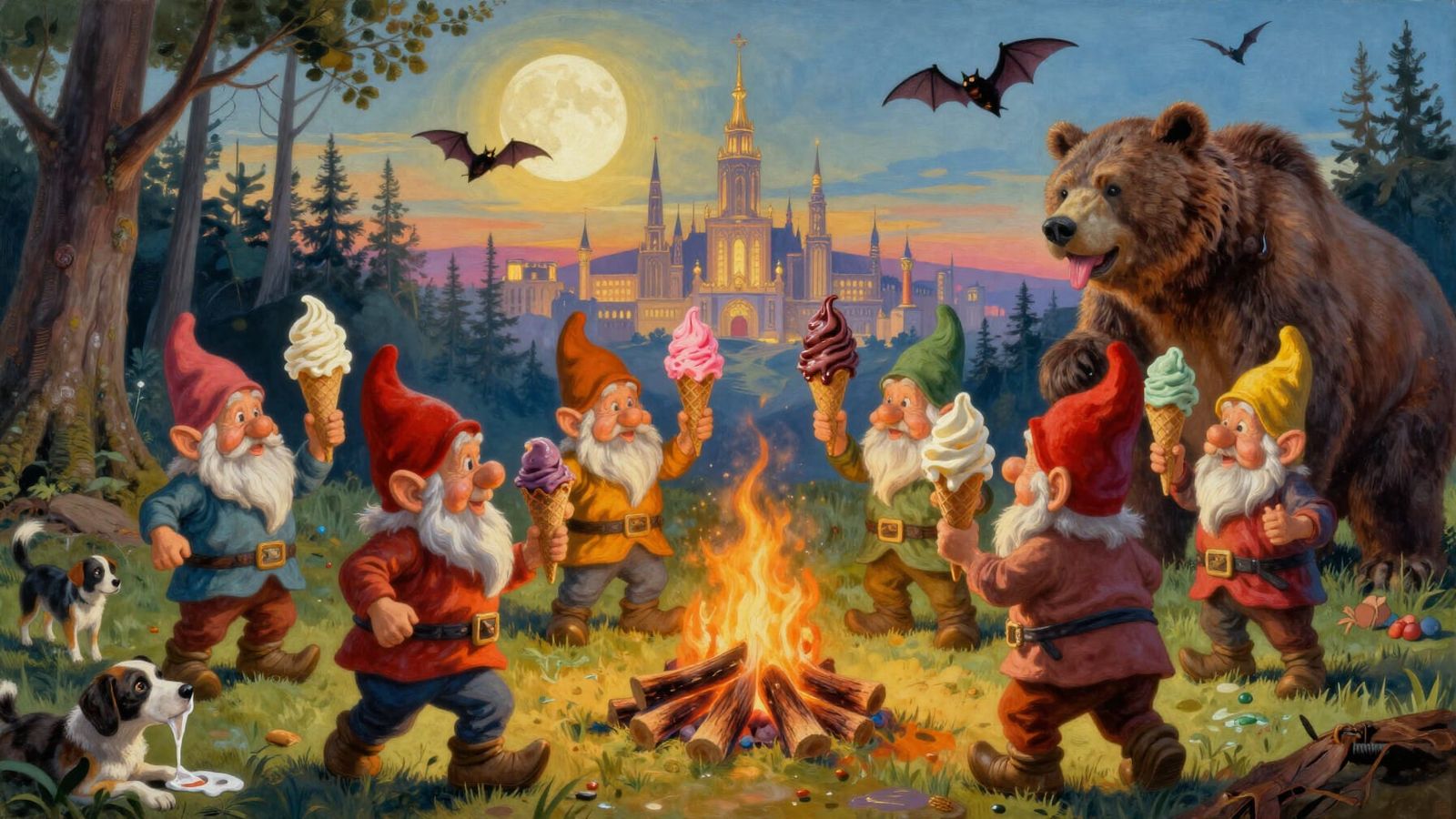 Gnomes Dancing Around Bonfire with Ice Cream, Surrealist Sty...