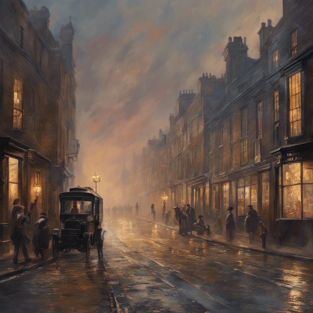 Misty London Street Scene in Hyperrealistic Splash Art