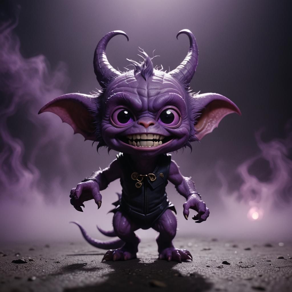 Cute Purple Imp Grinning in Darkness: Cinematic Film Still