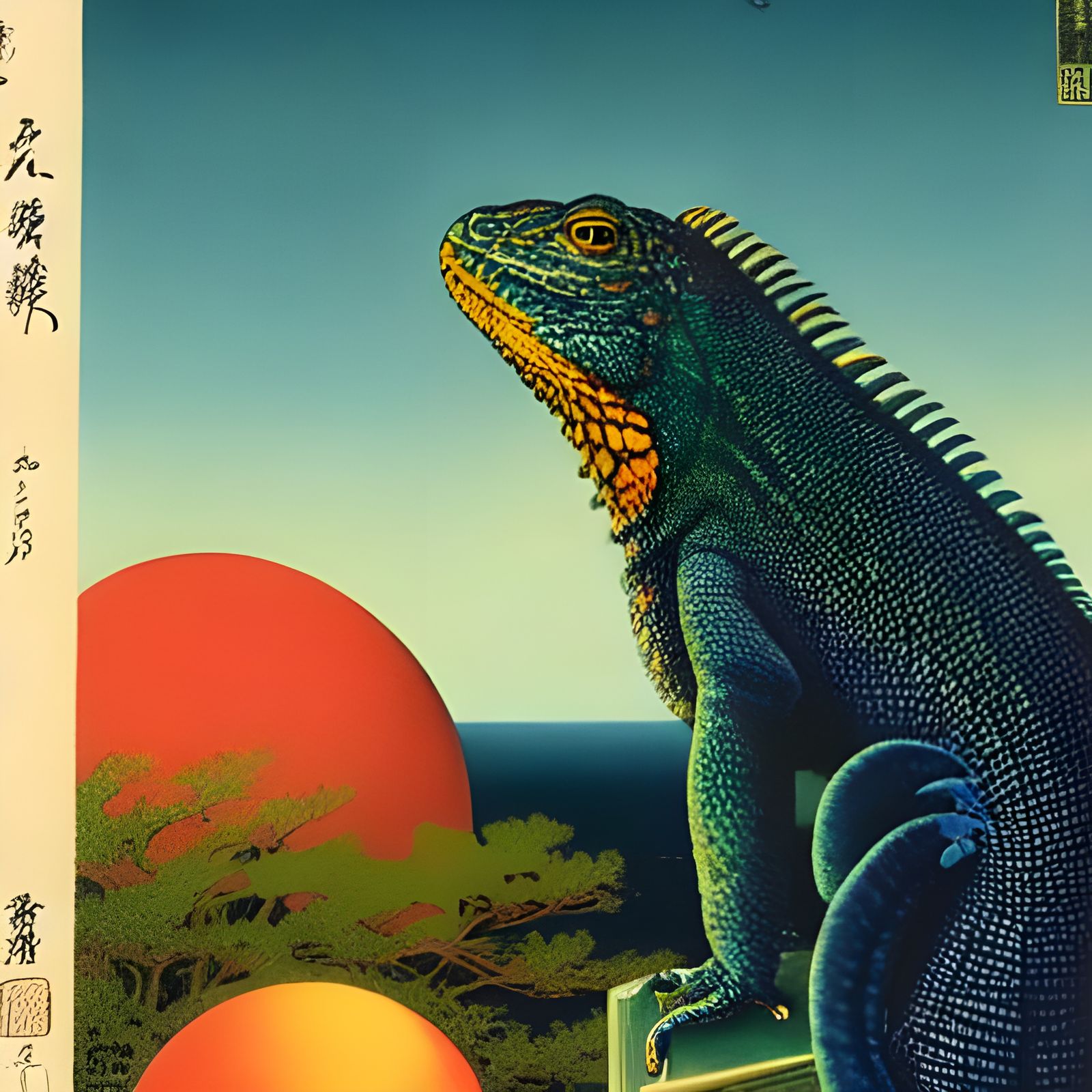 Indigo Iguana Overlooking Iridescent Ocean: Japanese Illustr...