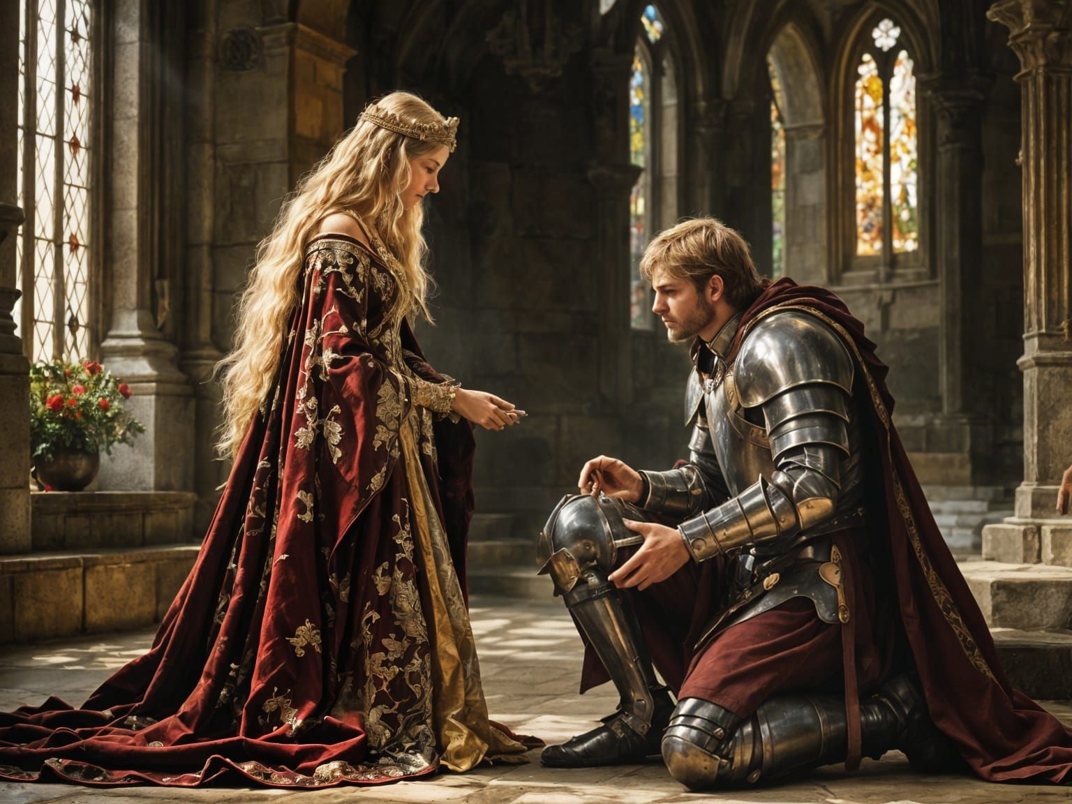 Medieval Queen Honors Valiant Knight in Grand Allegiance