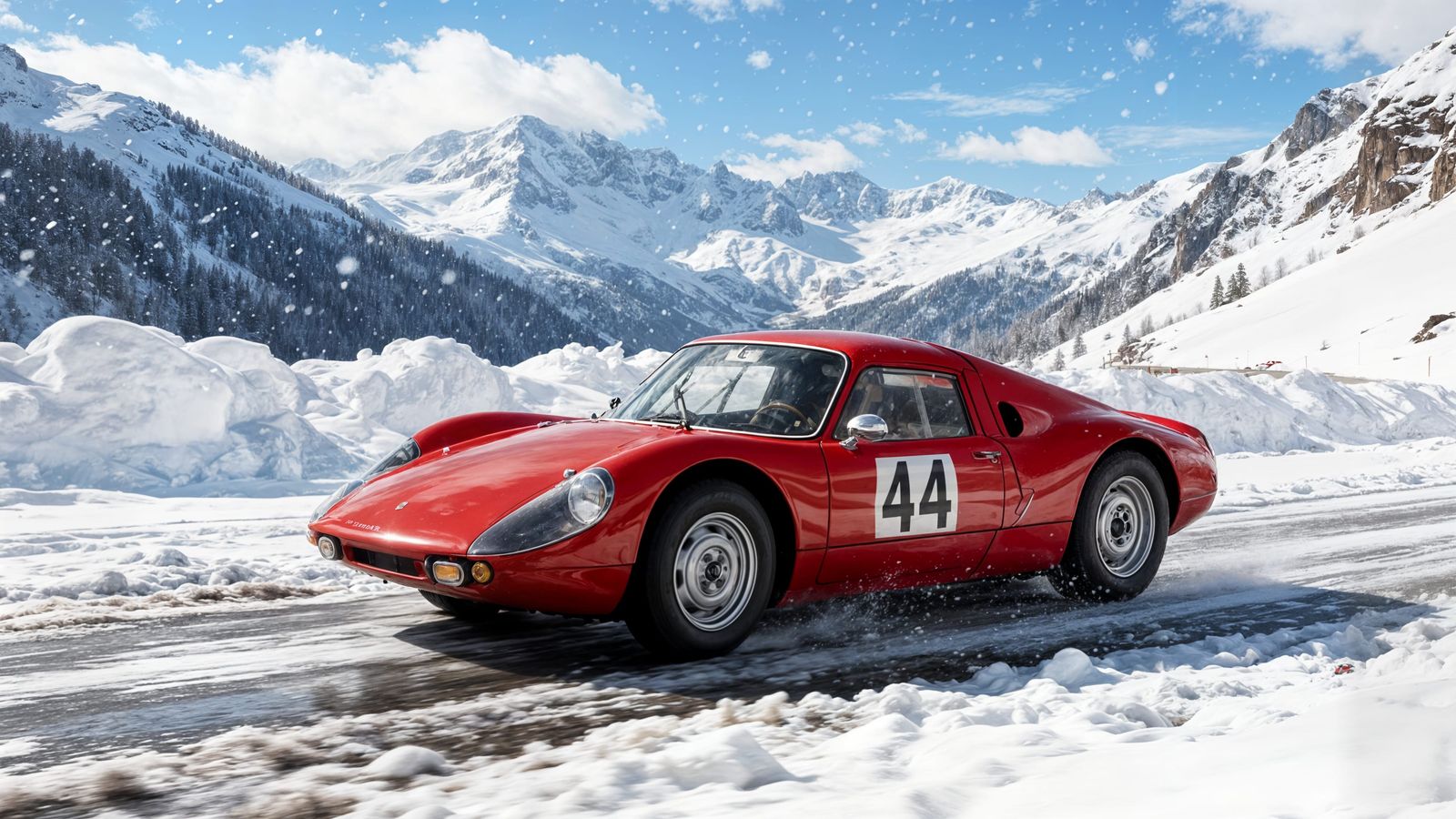 1964 Porsche 904 Carrera on Snowy Swiss Alps Road