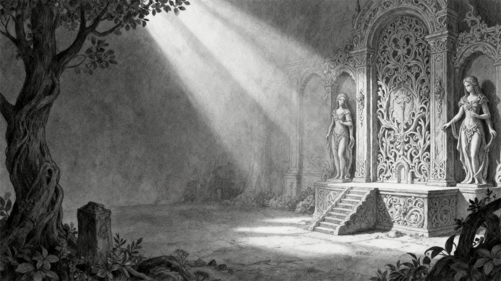 Intricate Gray Art with Volumetric Lighting