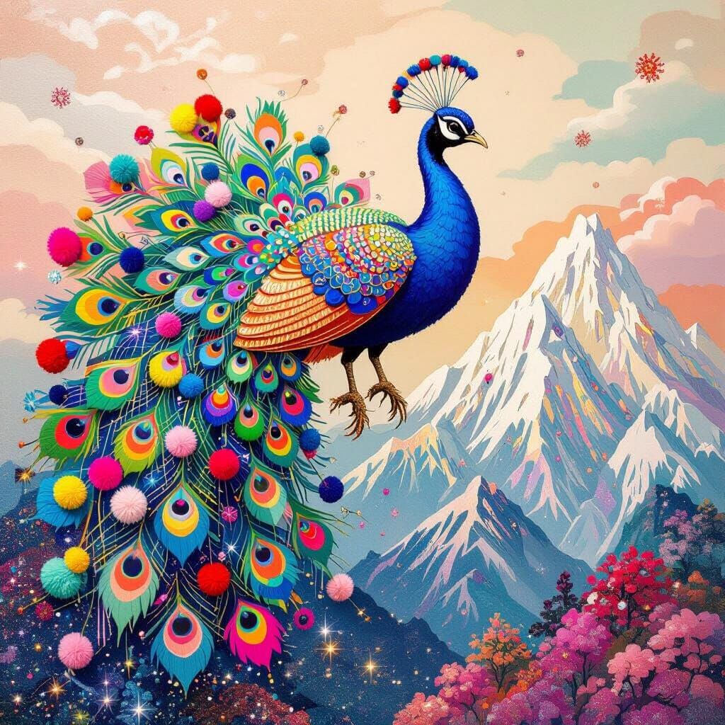 Pompom Peacock Over Glitter Mountains in Superflat Style