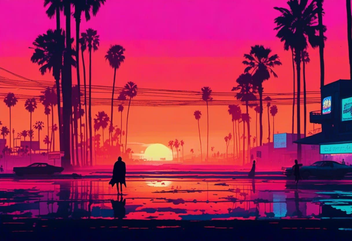 Venice Beach Sunset in Cyberpunk Noir Style
