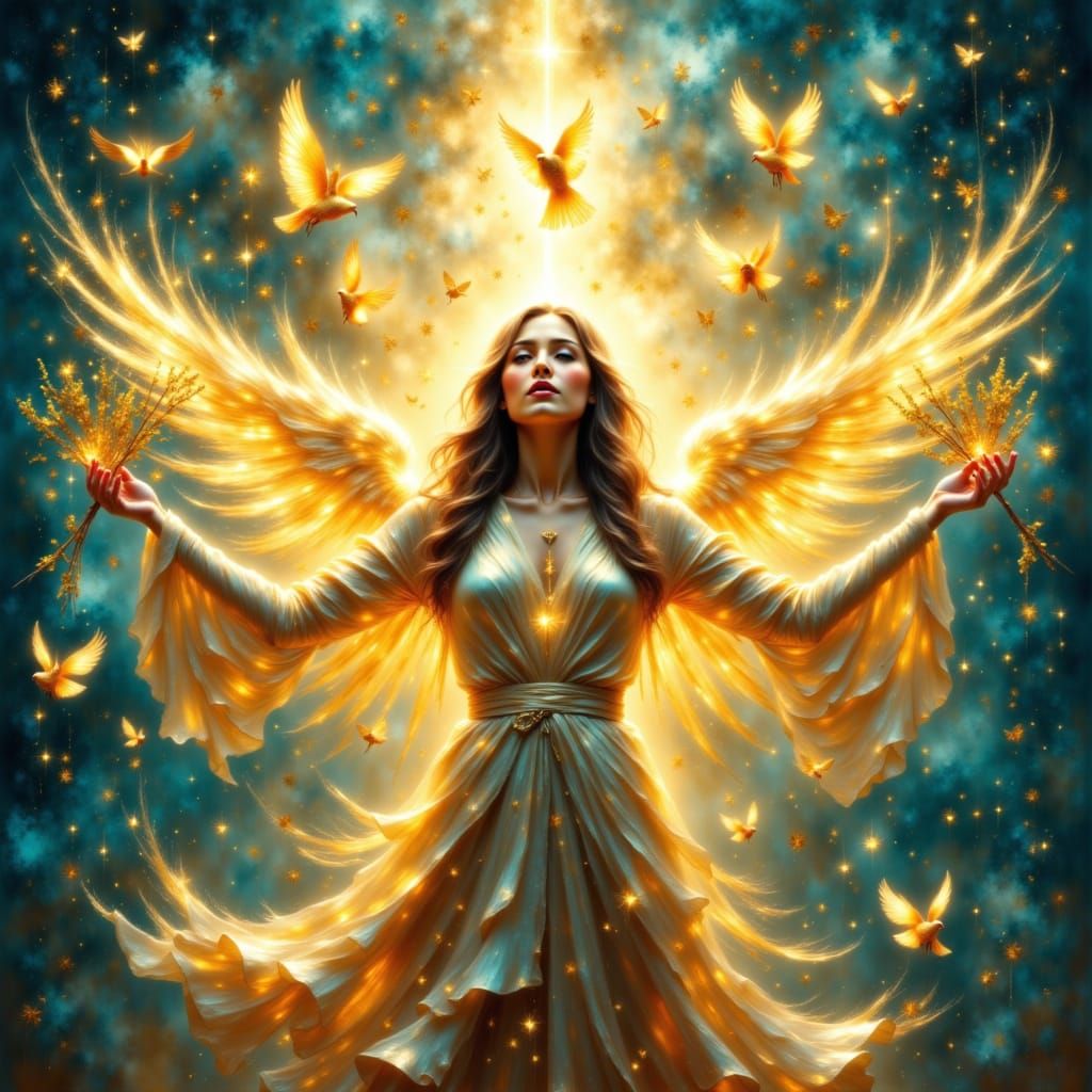 Woman Radiating Golden Light with Doves of Peace