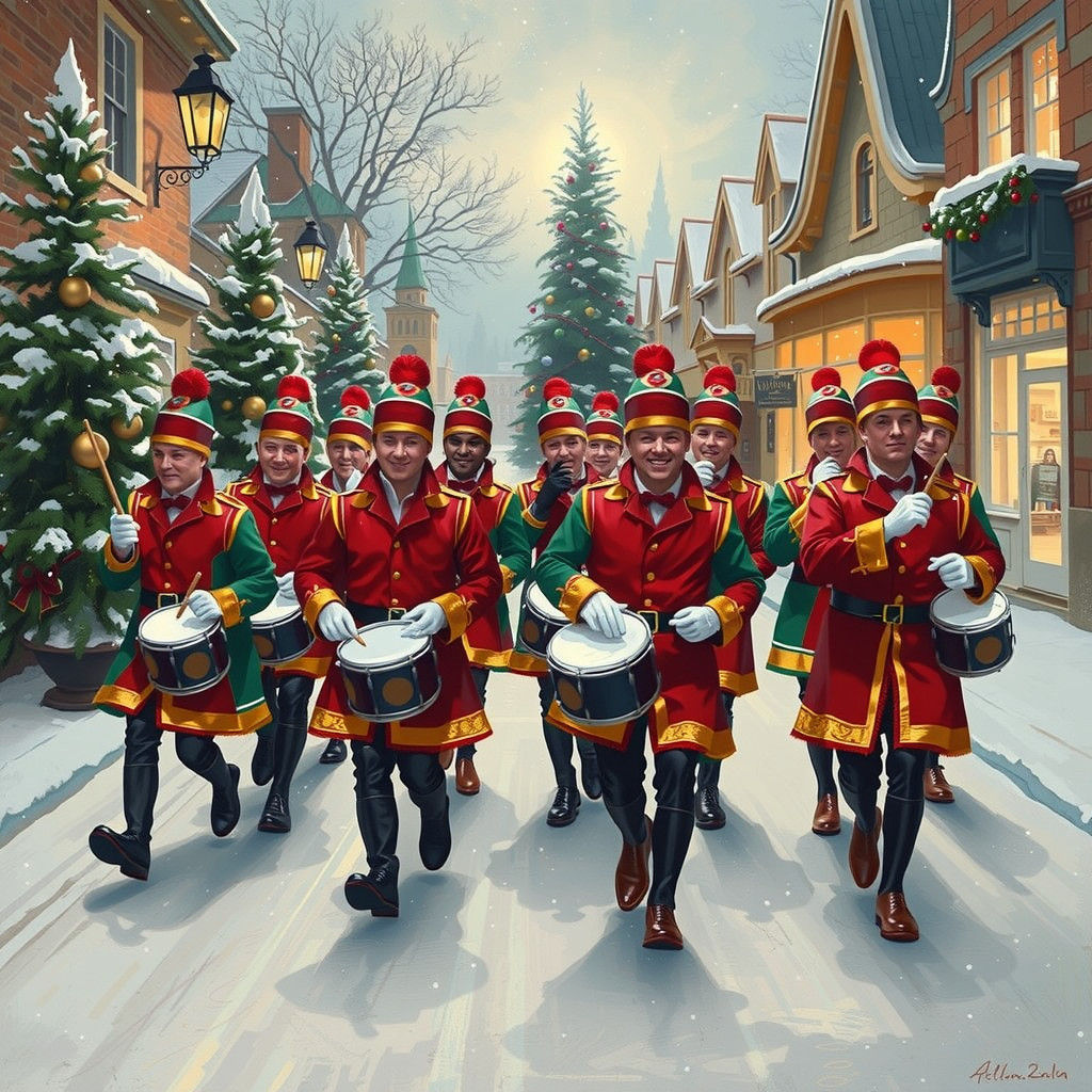 Joyful Drummers Marching in Christmas Formation
