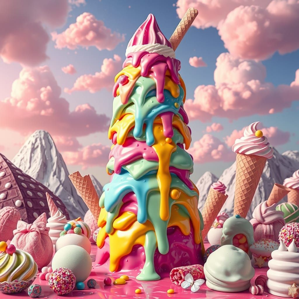 Surreal Melting Ice Cream Tower in Dreamy Landscape