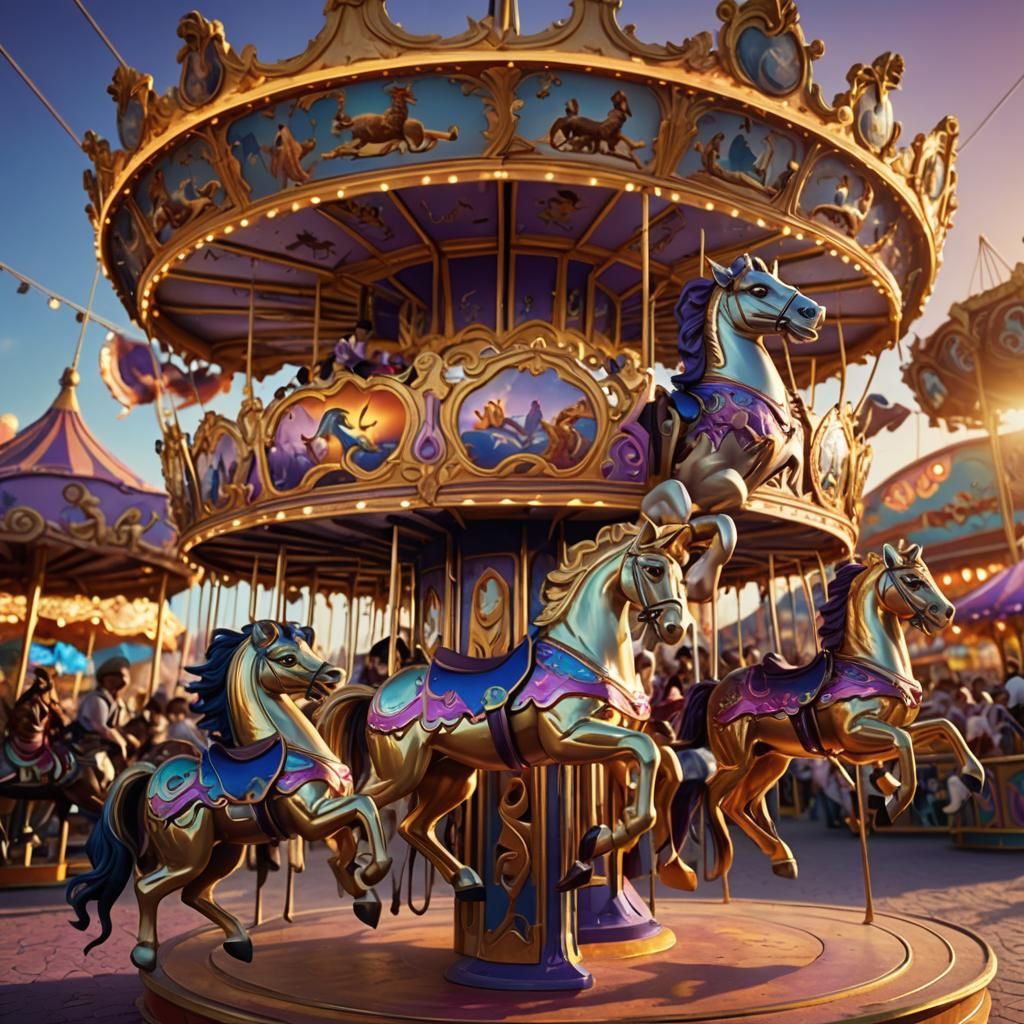 Kids Ride Carousel Animals in Fantasy Fairground