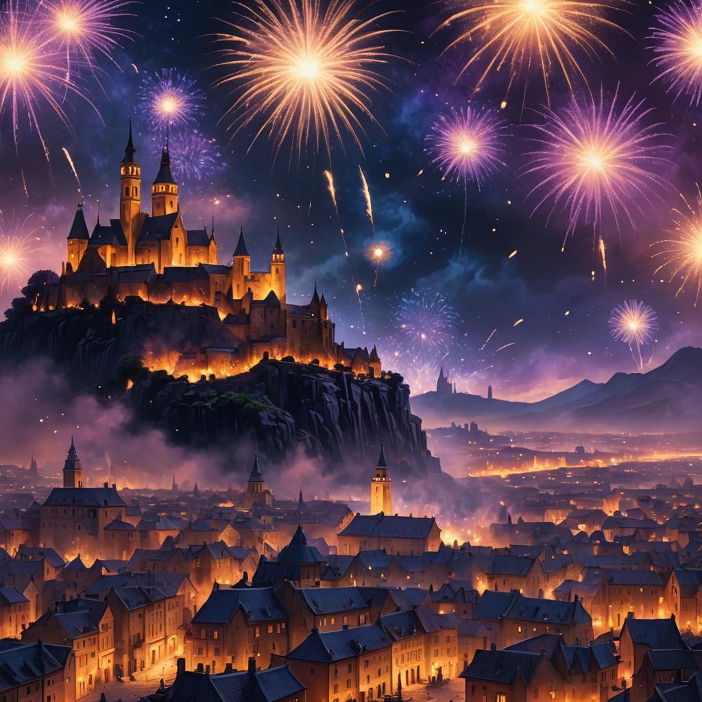 Indigo Fireworks Over Mystical City in Digital Painting