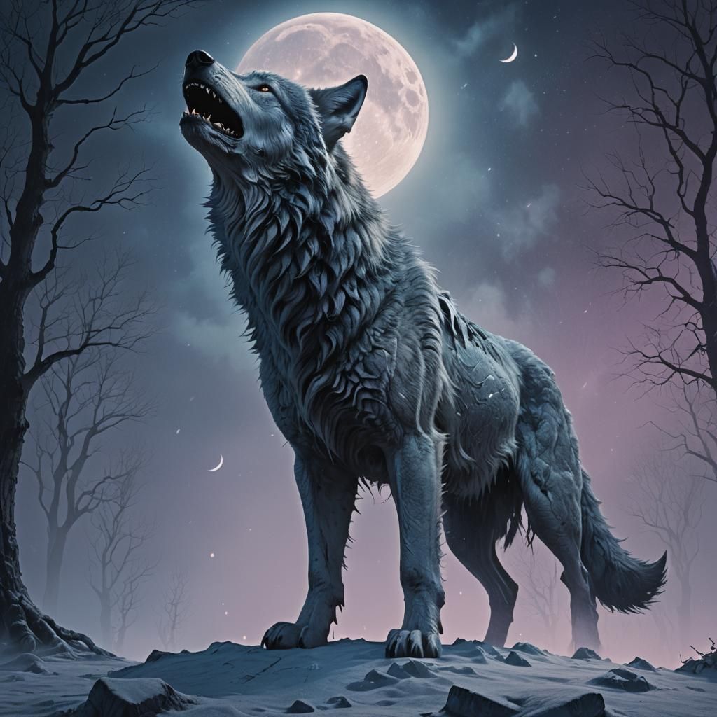 Giant Wolf Cries to Moon in Digital Painting