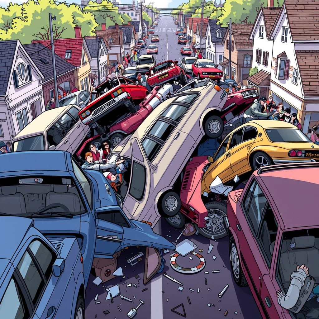 Dramatic Road Accident Scene with Twisted Vehicles and Shatt...