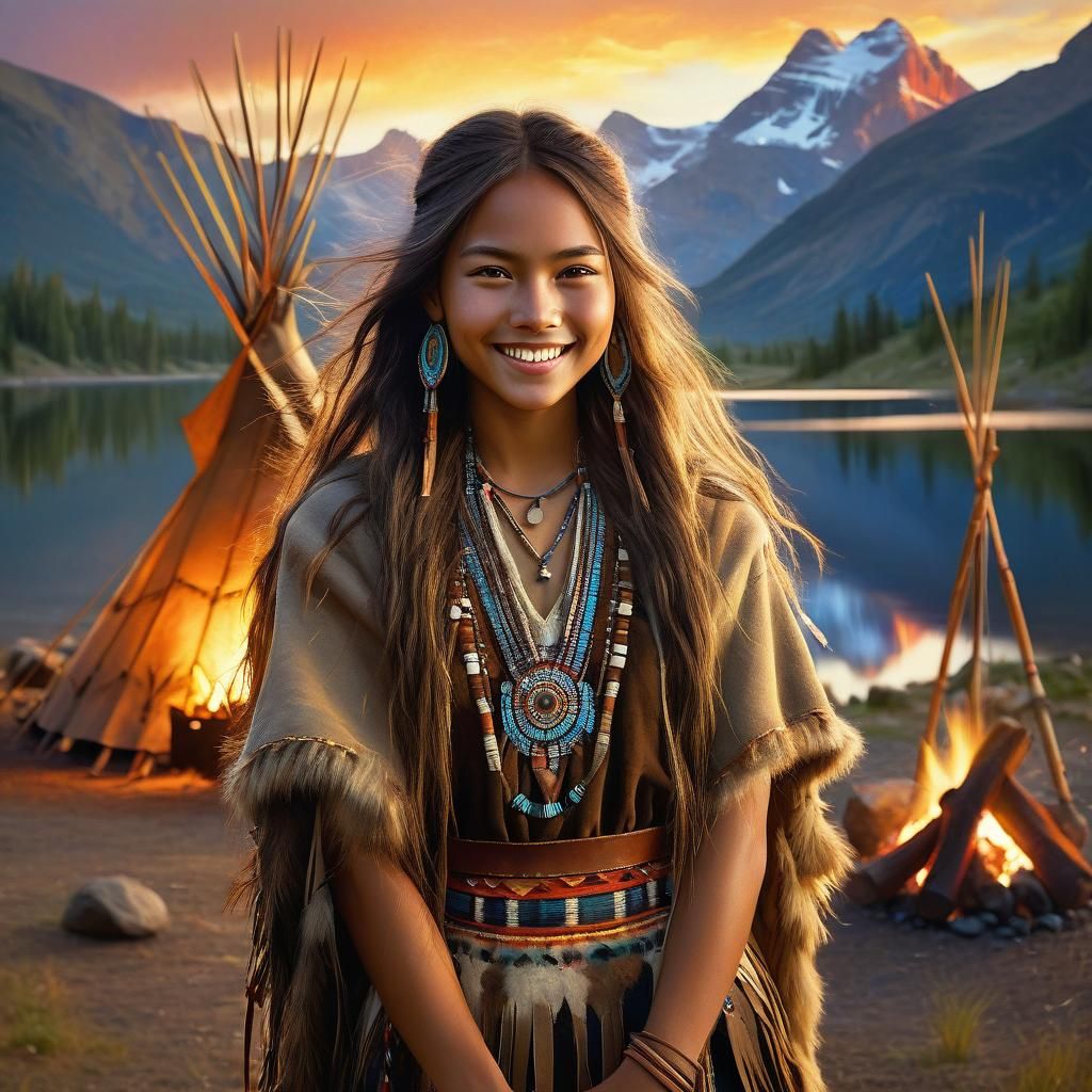 First Nations Woman at Lakeside Camp in Digital Art