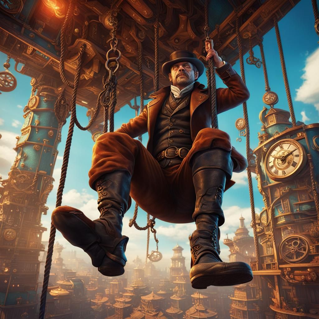 Steampunk Man Hanging Upside Down: Vibrant Art