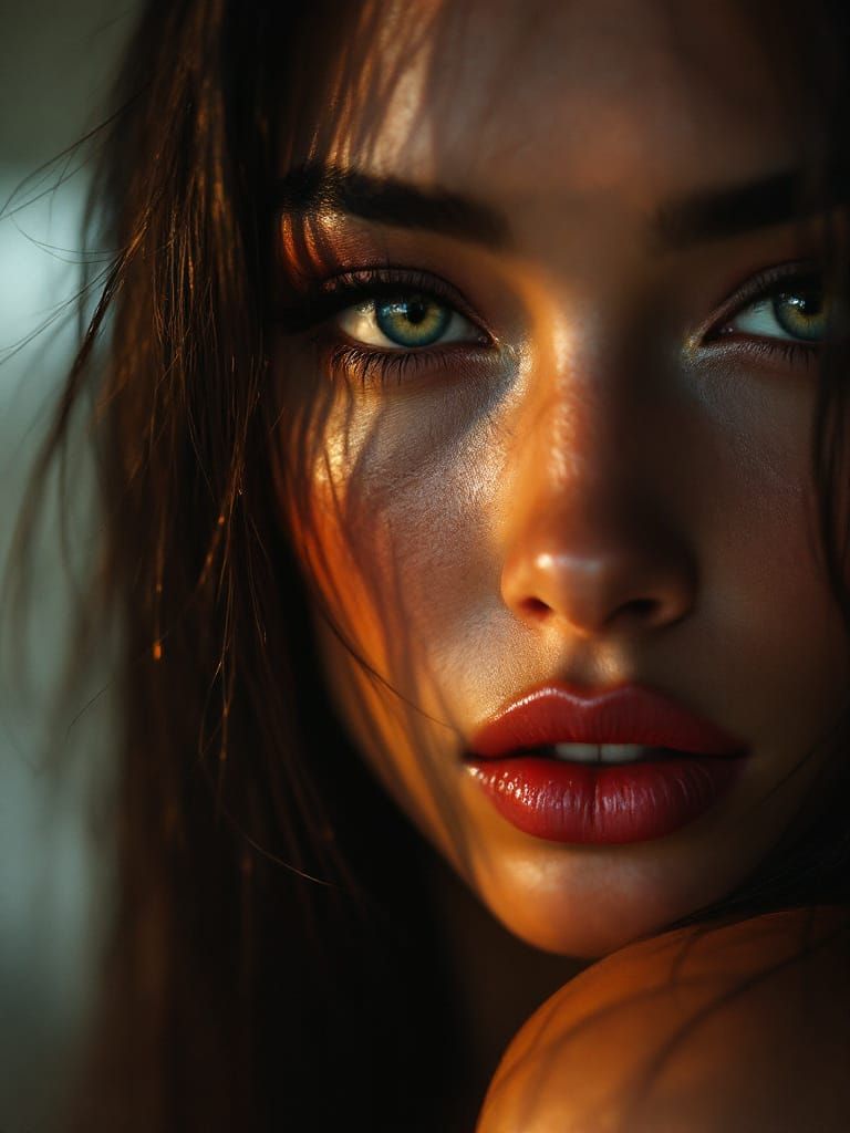 Primal Pin-Up Woman's Intense Gaze in Chiaroscuro