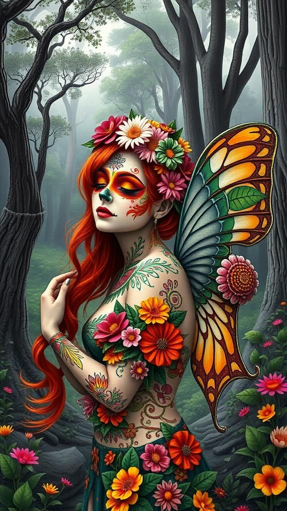 Medium shot of a beautiful woman wearing colorful Día de los...