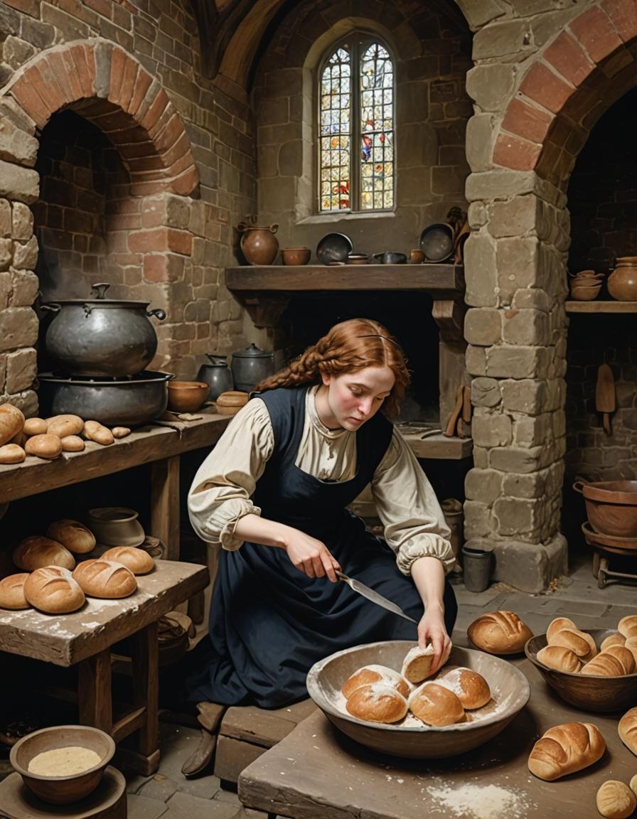Pre-Raphaelite Cook Baking Bread in Castle Kitchen