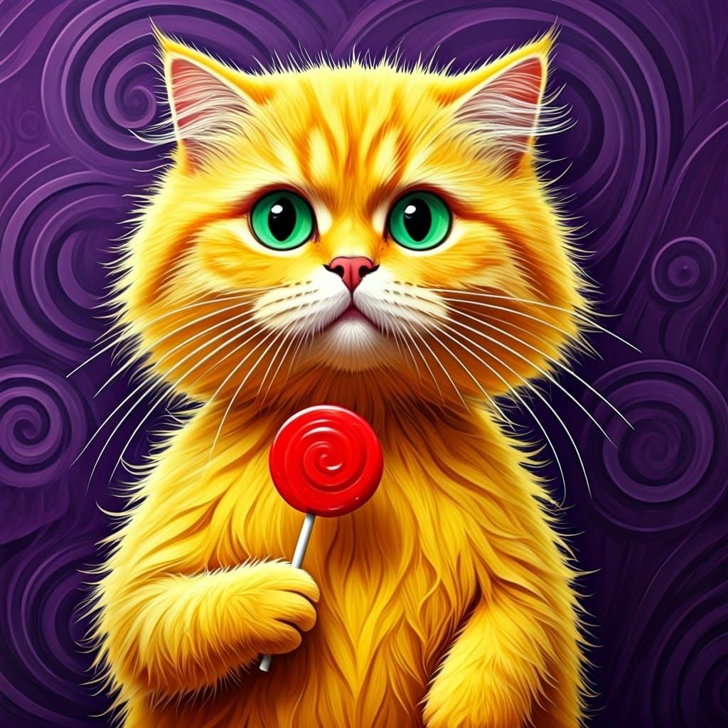 Vibrant Yellow Cat in a Whimsical Artistic Scene