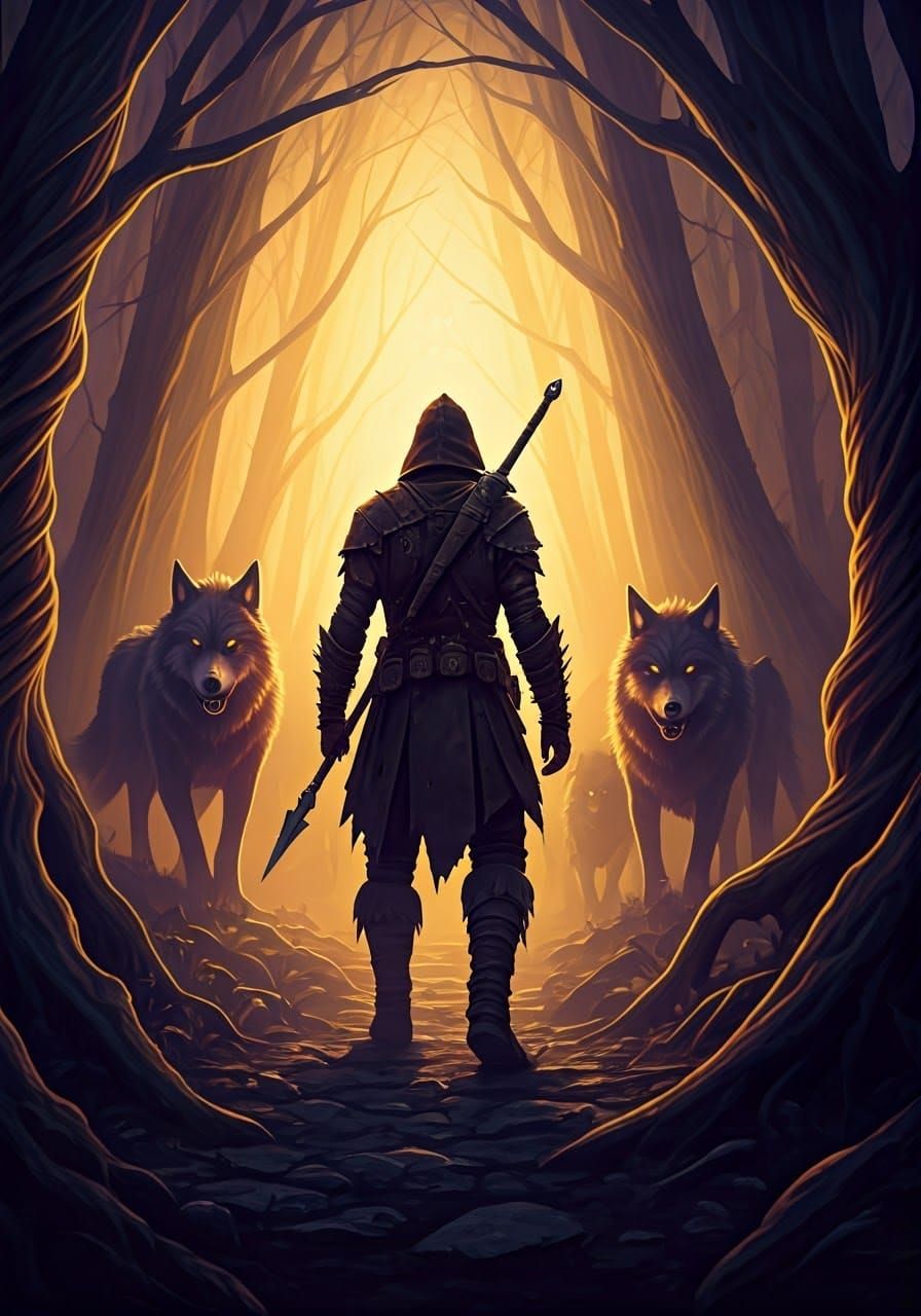 Menacing Poacher and Wolves in Dark Fantasy Forest