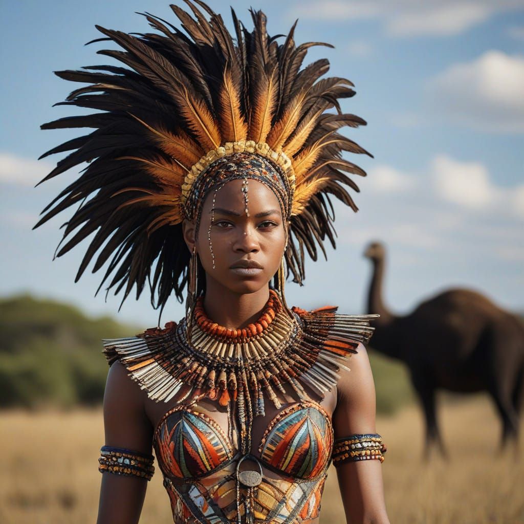 Fearless Warrior Woman Embodies African Savanna Spirit