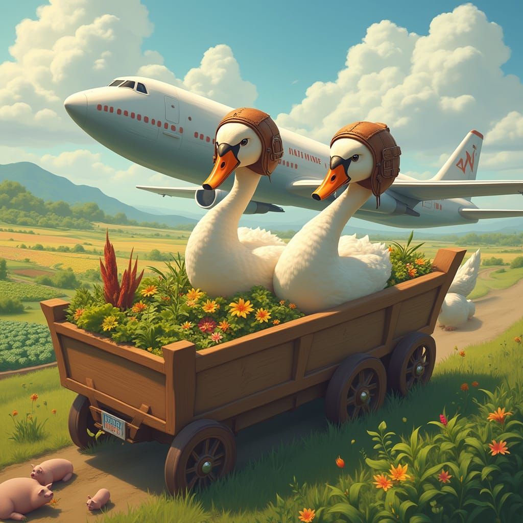 Swans in a Boeing Airplane Wagon Ride in a Fantasy Garden
