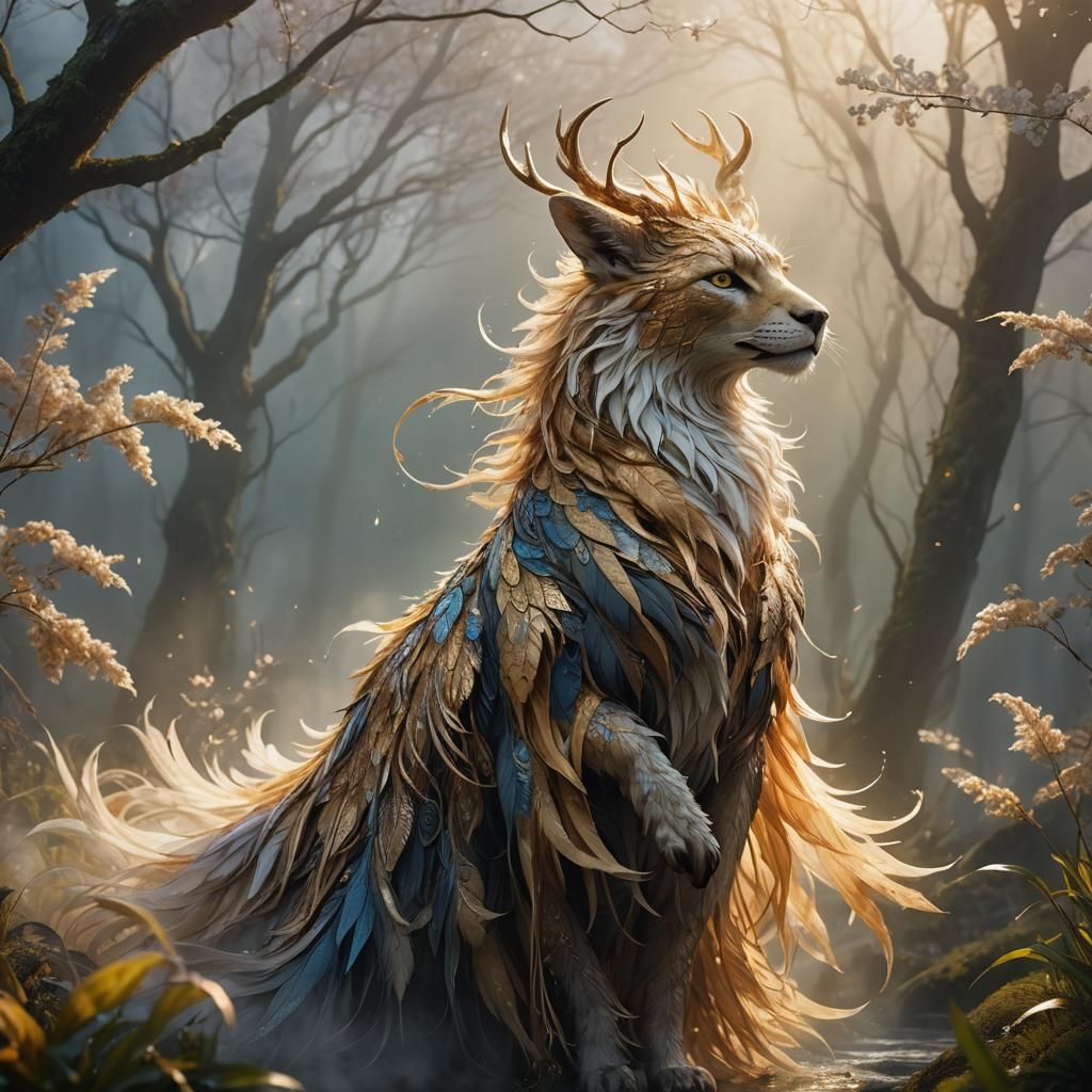 Ethereal Creature Emerges in Spring Mist: Fantasy Art