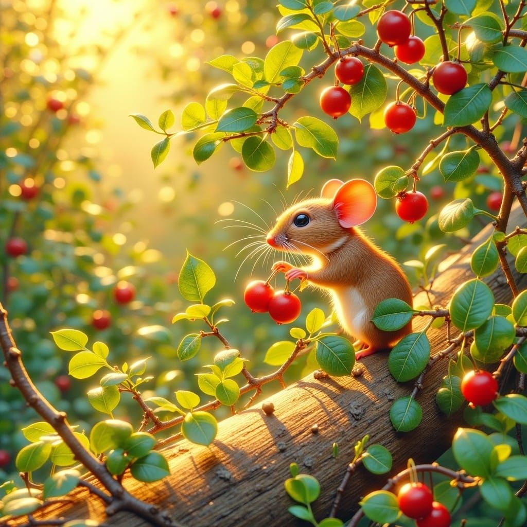 Whimsical Mouse Plucks Juniper Berry in Golden Light