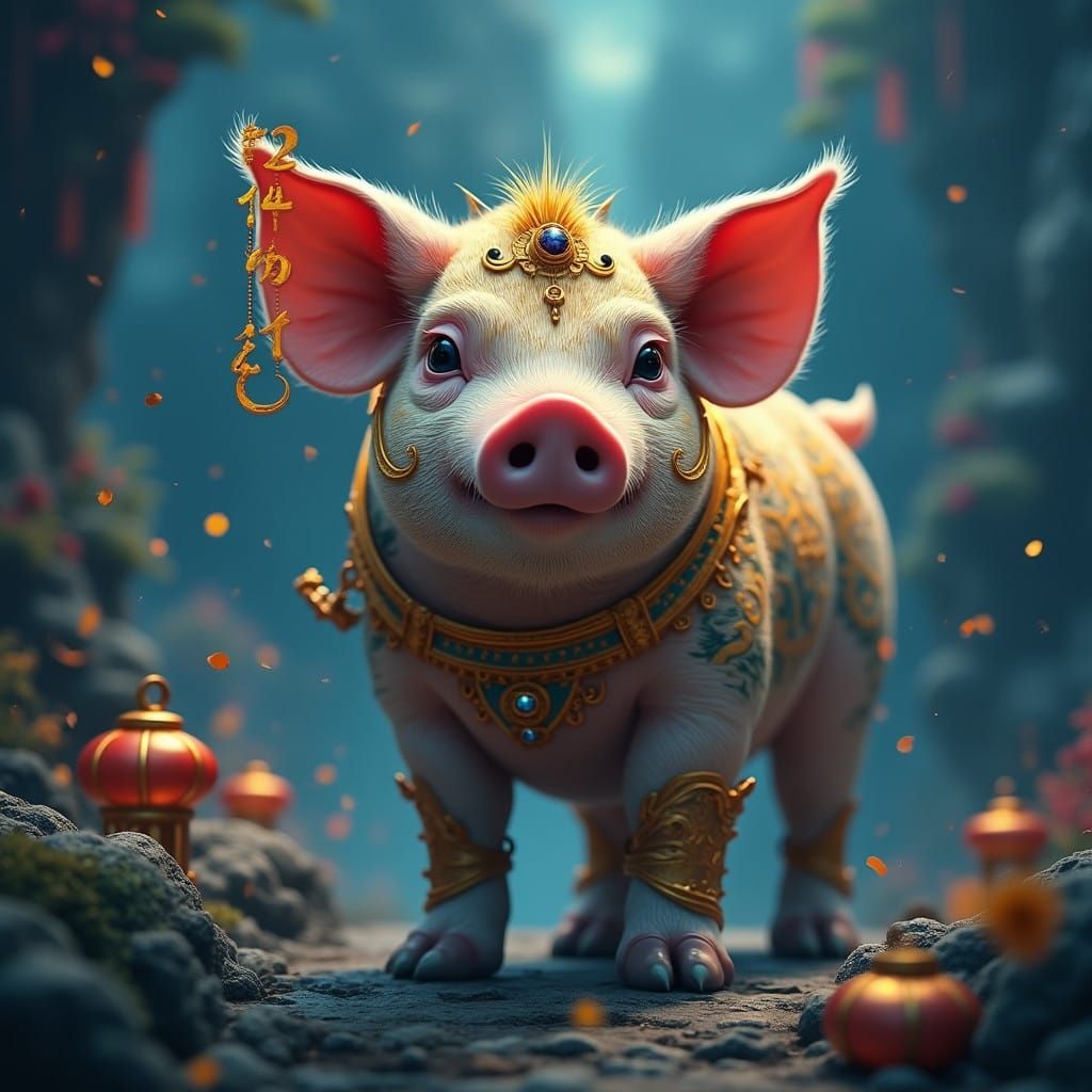 Majestic Warrior-Pig Defies the Ages in Dreamlike Landscape