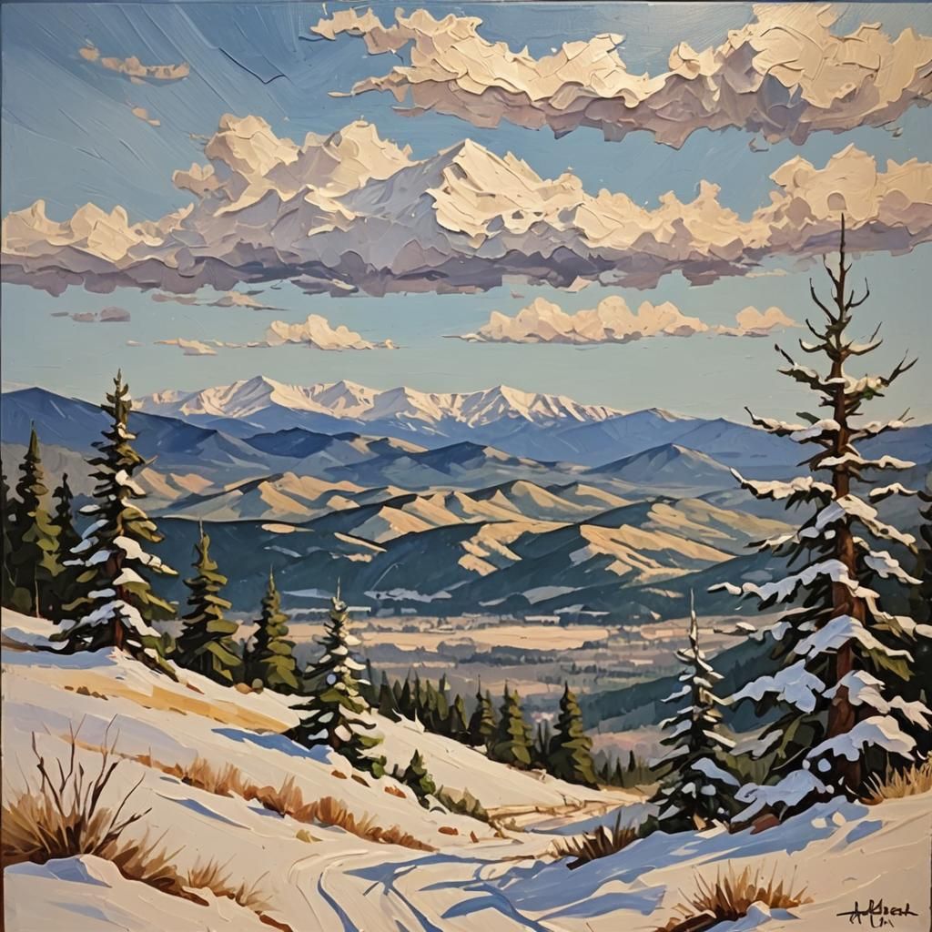 Snowy Valley with Pikes Peak as Impasto Painting