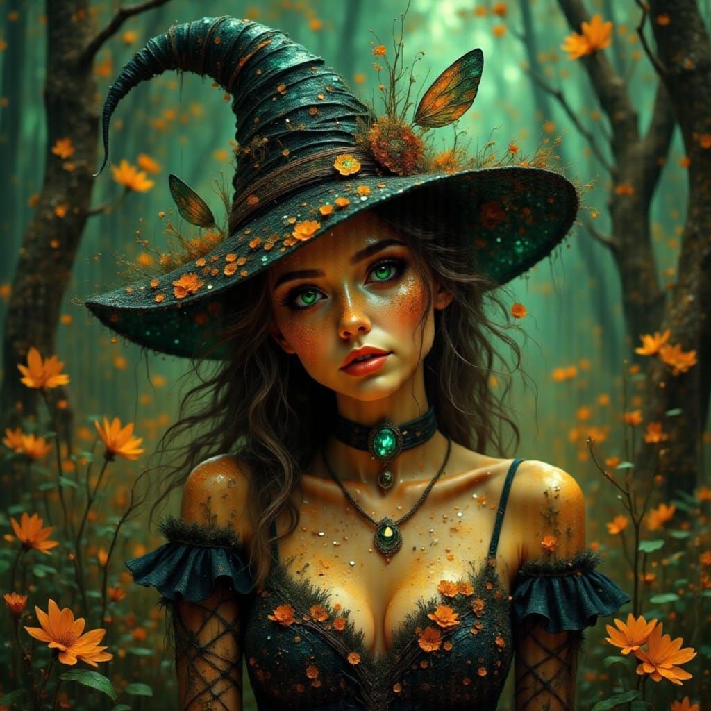A Mystical Witch in a Vibrant Emerald and Diamond-Like Aesth...