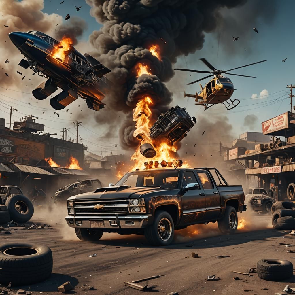 Lowrider Silverado Drifting in Junkyard, Matte Painting