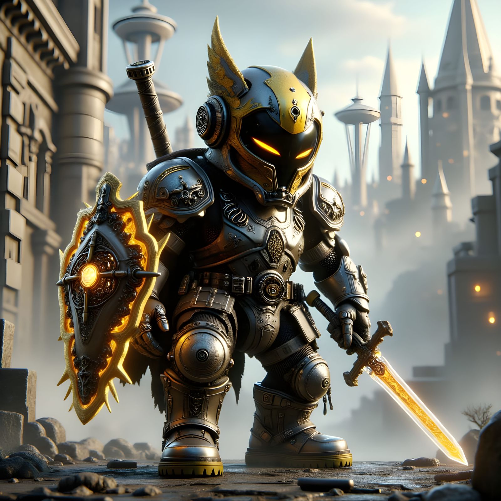 Chibi Robotic Knight with Energy Sword in Watercolor 3D