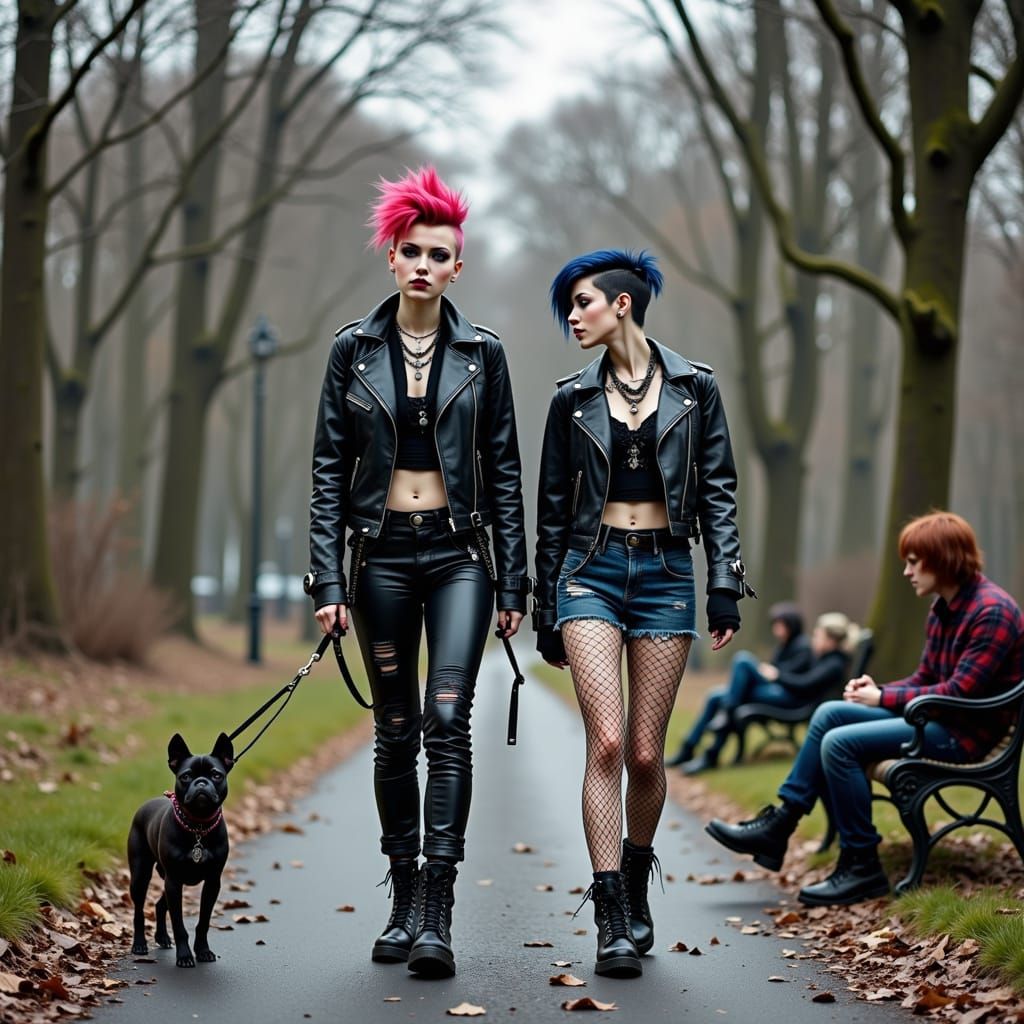 Punk Couple Walks Dog in Grungy Urban Park
