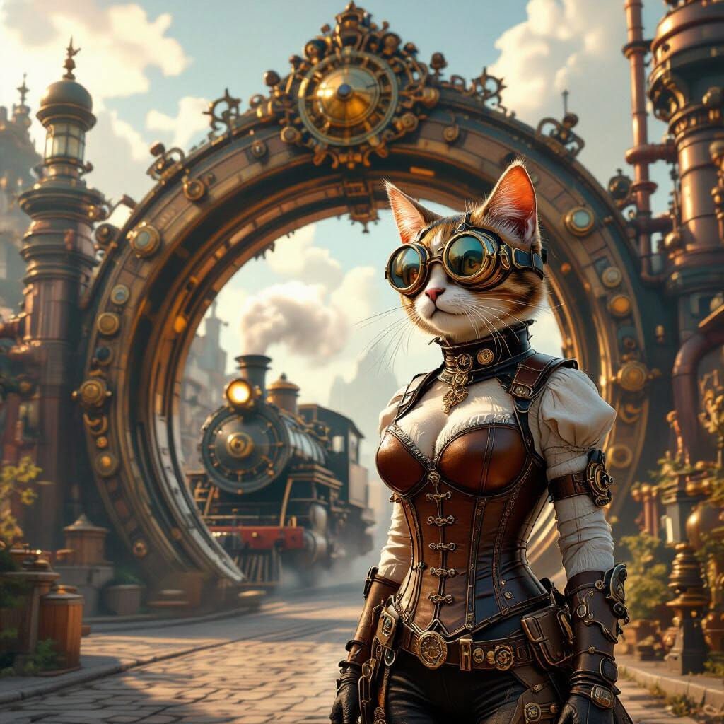 Steampunk Cat Explorer at Ornate City Gate
