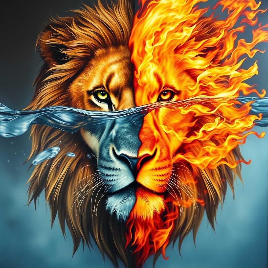 Majestic Lion's Dreamlike Visage, Divided by Fire and Water