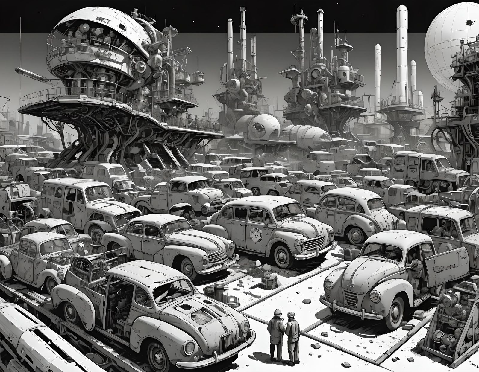 Sci-Fi Recovery Yard in Mort Drucker Style