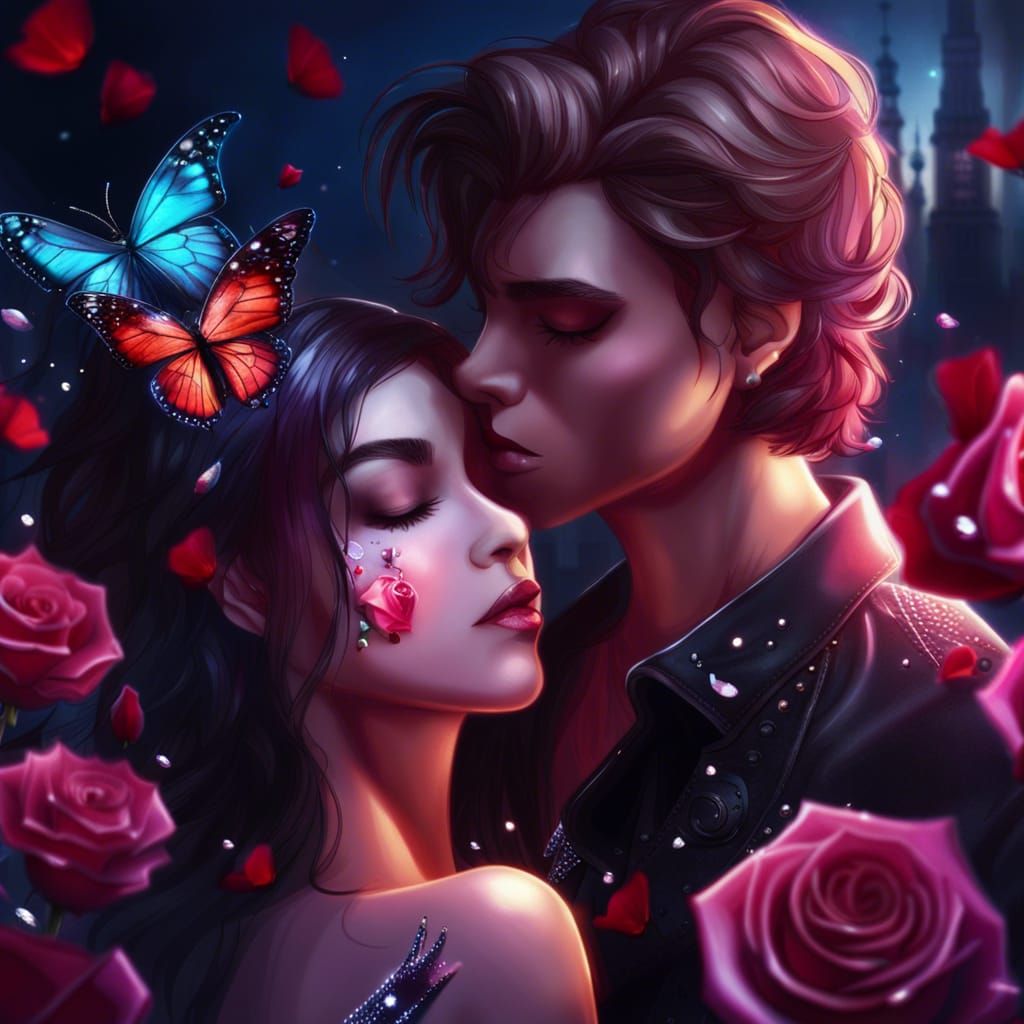 Romantic Kiss with Butterfly and Rose in Fantasy Art